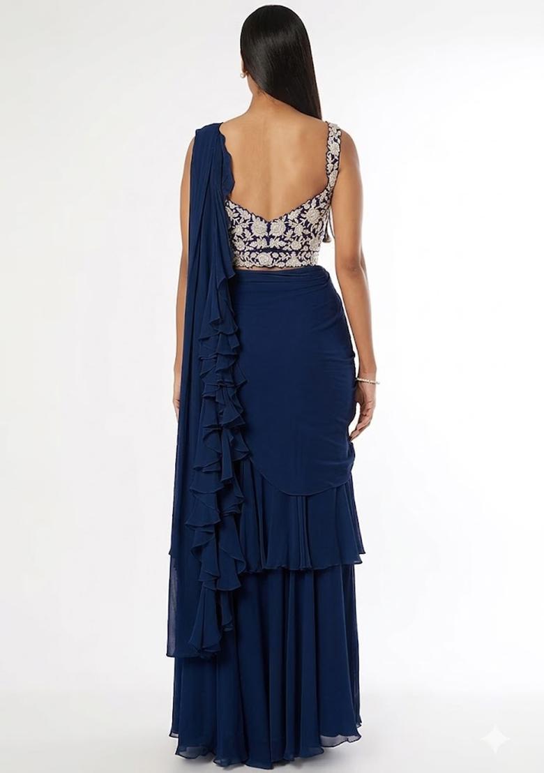 Blue Embroidered Handwork Pre Draped Saree Set - Indya