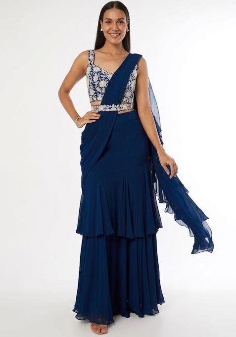 Blue Embroidered Handwork Pre Draped Saree Set