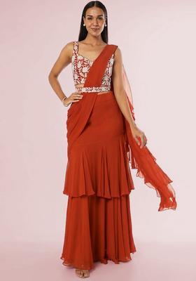 Orange Embroidered Handwork Pre Draped Saree Set