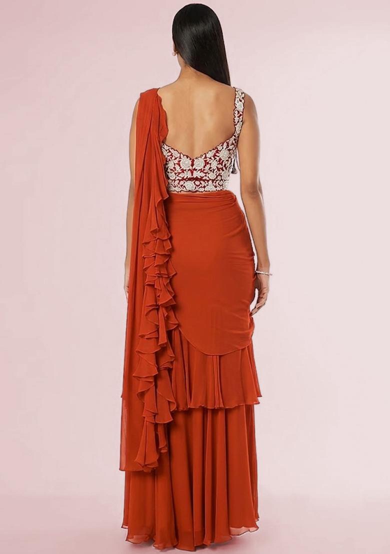 Orange Embroidered Handwork Pre Draped Saree Set - Indya