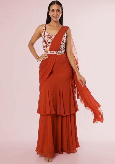 Orange Embroidered Handwork Pre Draped Saree Set