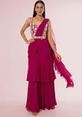 Pink Embroidered Handwork Pre Draped Saree Set
