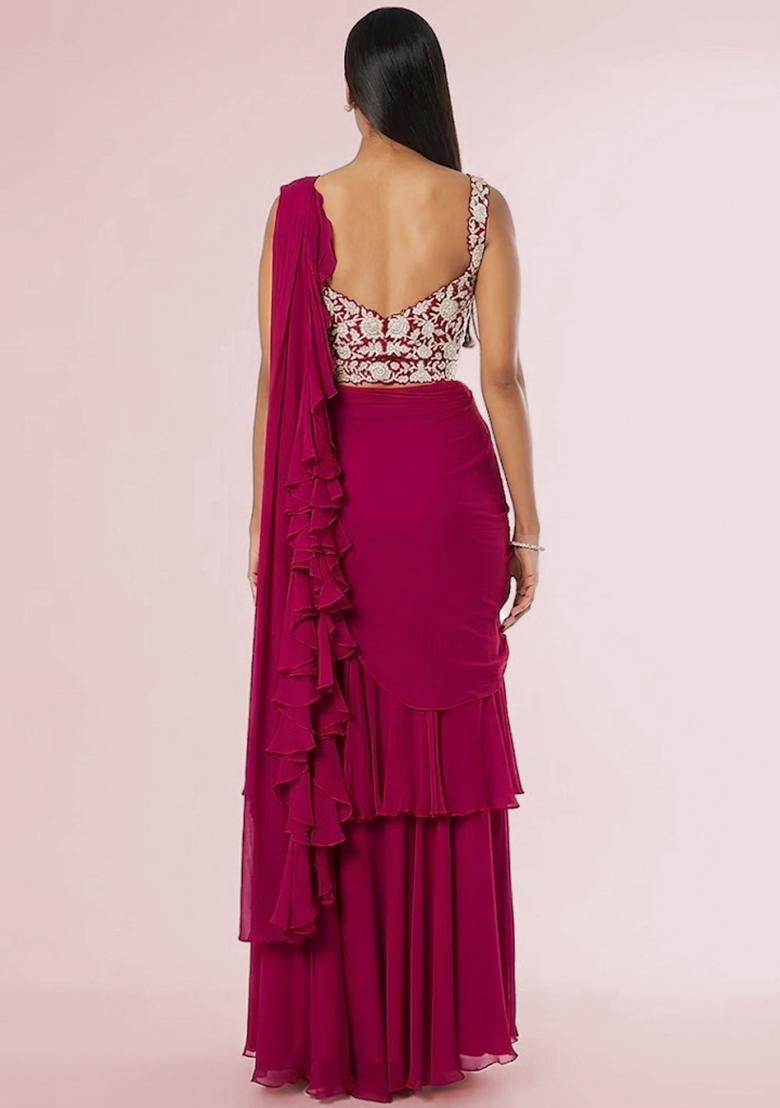 Pink Embroidered Handwork Pre Draped Saree Set - Indya