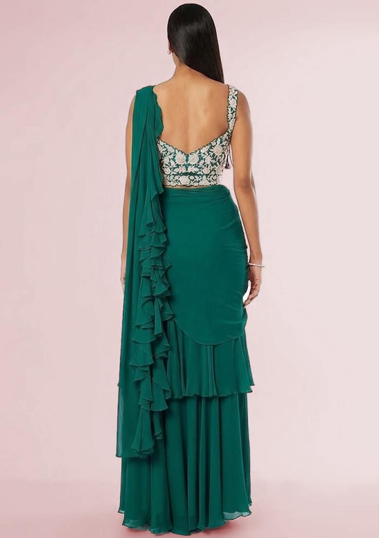 Teal Embroidered Handwork Pre Draped Saree Set - Indya