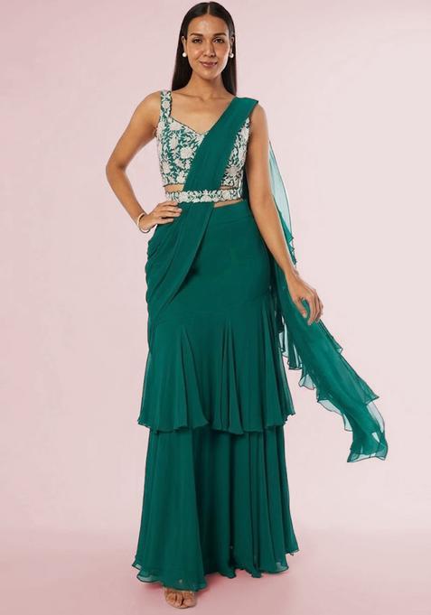 Teal Embroidered Handwork Pre Draped Saree Set