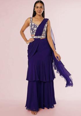 Violet Embroidered Handwork Pre Draped Saree Set
