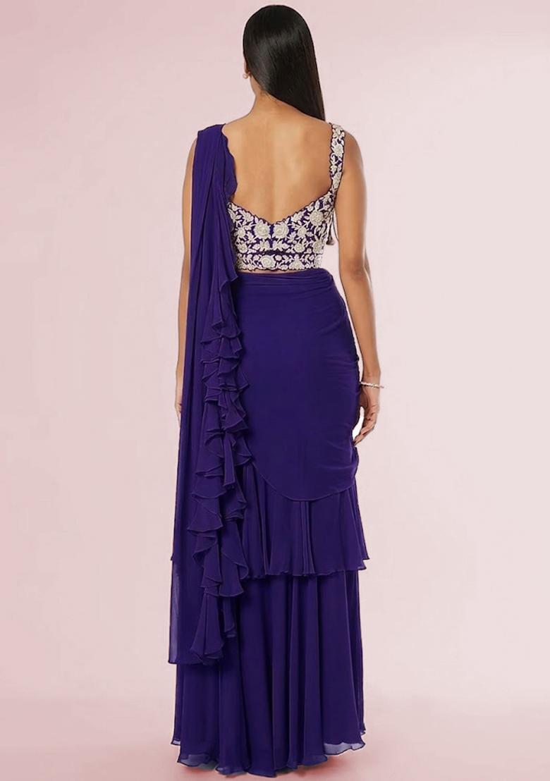 Violet Embroidered Handwork Pre Draped Saree Set - Indya