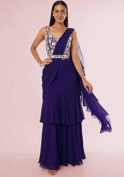 Violet Embroidered Handwork Pre Draped Saree Set