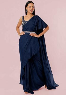 Navy Blue Embroidered Handwork Pre Draped Saree Set