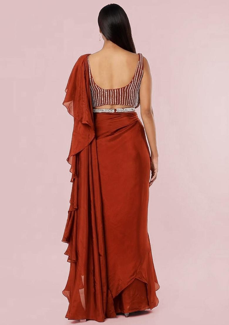 Orange Embroidered Handwork Pre Draped Saree Set - Indya