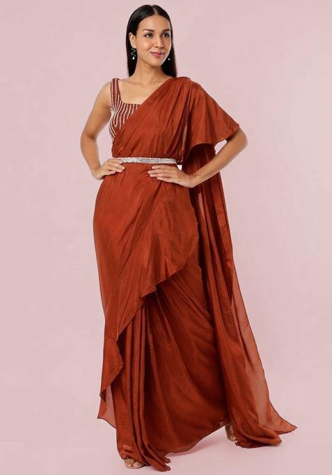 Orange Embroidered Handwork Pre Draped Saree Set