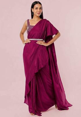 Pink Embroidered Handwork Pre Draped Saree Set
