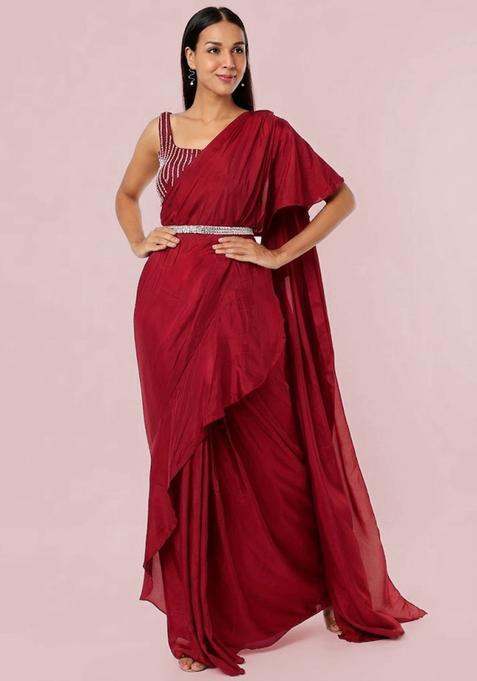 Red Embroidered Handwork Pre Draped Saree Set