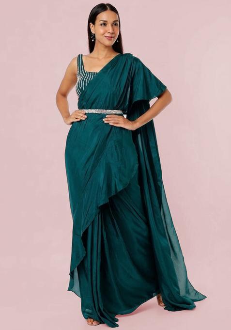 Teal Embroidered Handwork Pre Draped Saree Set