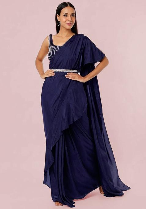Violet Embroidered Handwork Pre Draped Saree Set