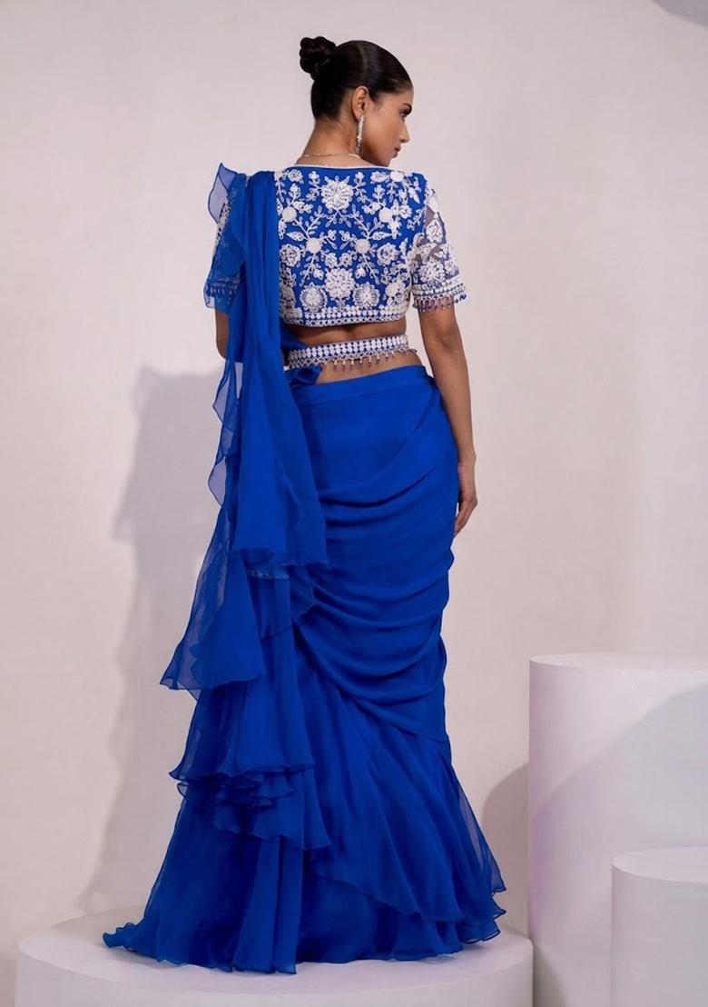 Cobalt Blue Embroidered Handwork Pre Draped Saree Set - Indya