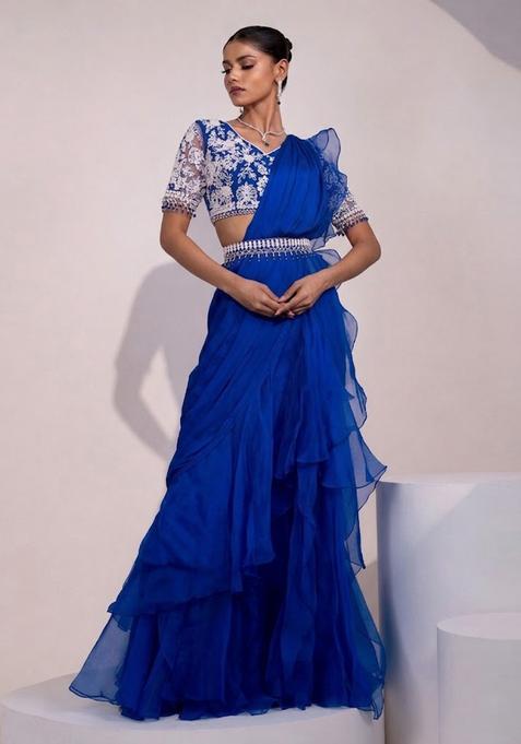 Cobalt Blue Embroidered Handwork Pre Draped Saree Set