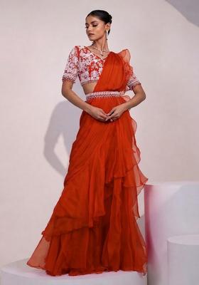 Orange Embroidered Handwork Pre Draped Saree Set