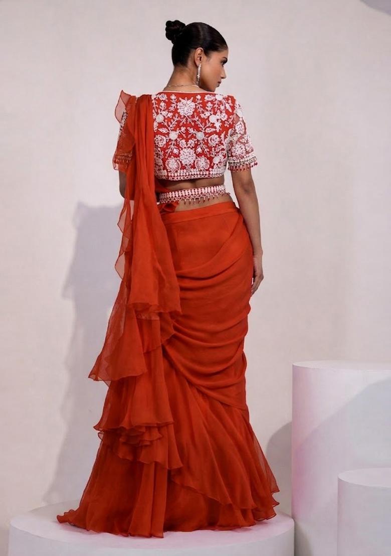 Orange Embroidered Handwork Pre Draped Saree Set - Indya