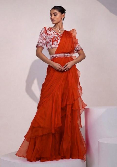 Orange Embroidered Handwork Pre Draped Saree Set