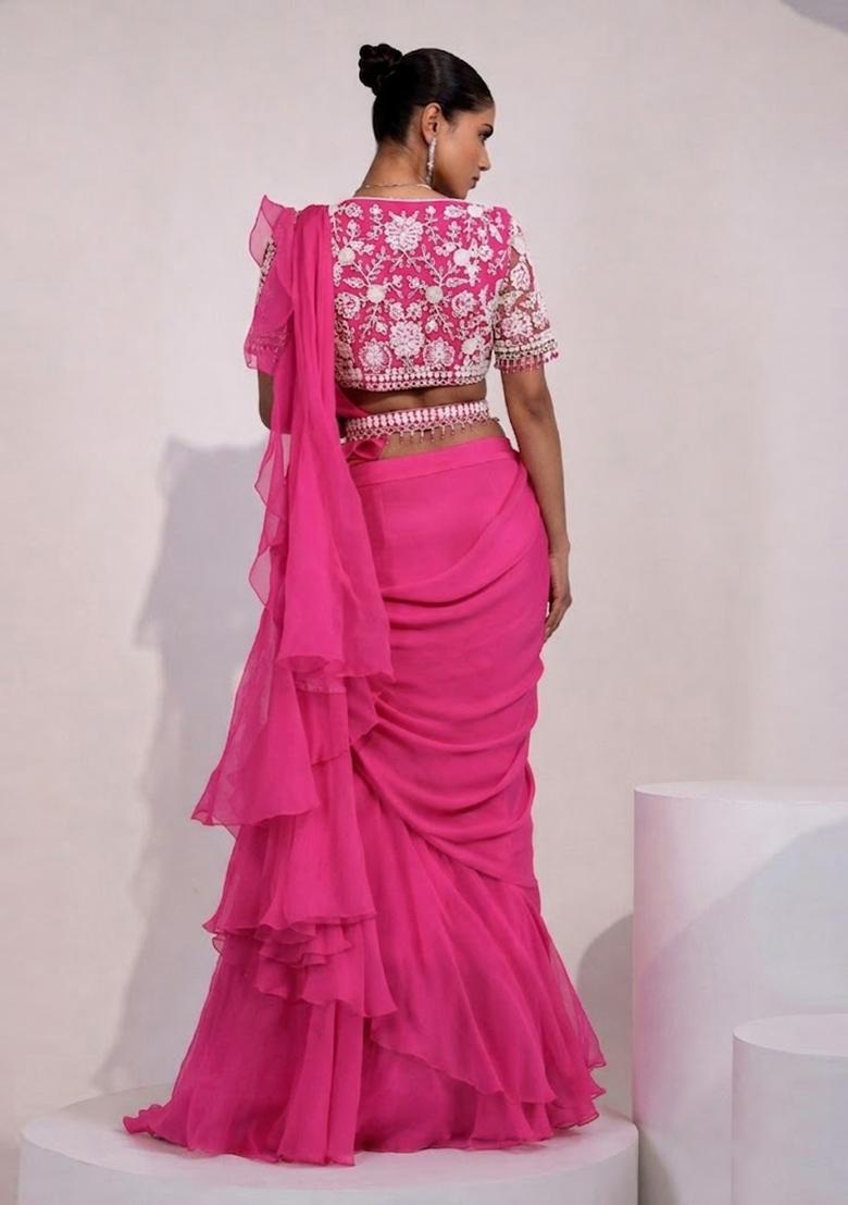 Pink Embroidered Handwork Pre Draped Saree Set - Indya