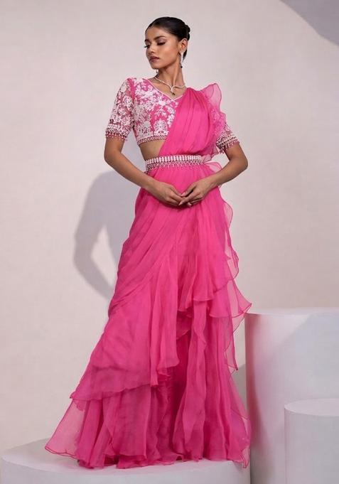 Pink Embroidered Handwork Pre Draped Saree Set