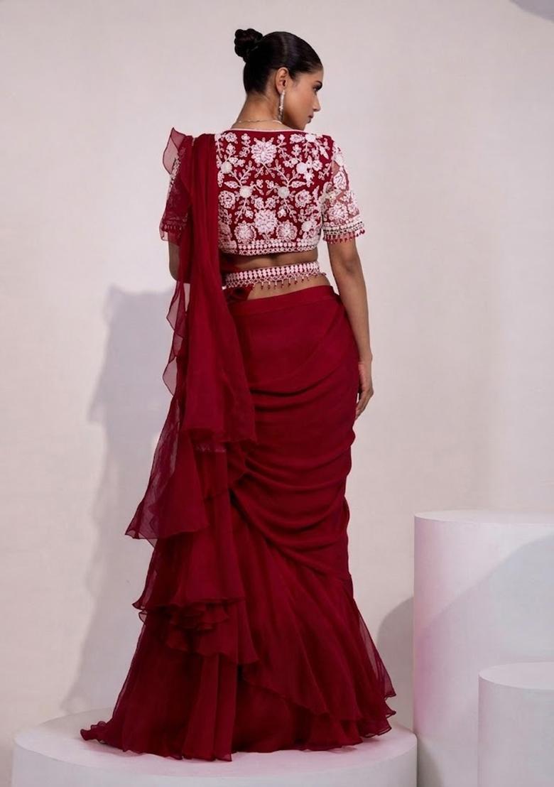 Red Embroidered Handwork Pre Draped Saree Set - Indya