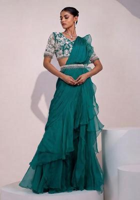 Teal Embroidered Handwork Pre Draped Saree Set