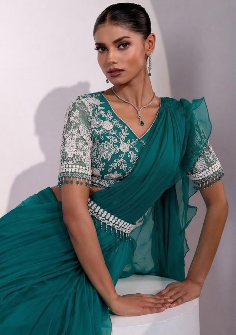 Teal Embroidered Handwork Pre Draped Saree Set - Indya