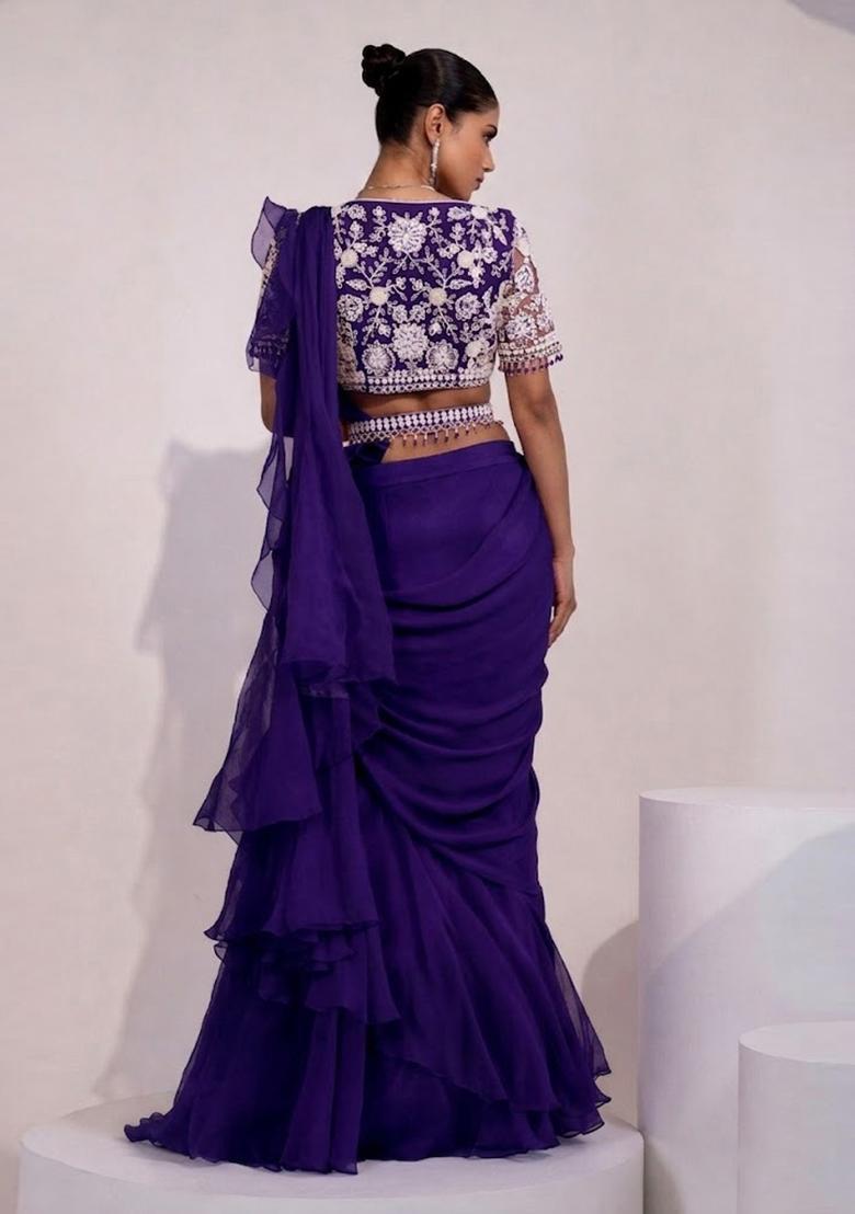 Violet Embroidered Handwork Pre Draped Saree Set - Indya