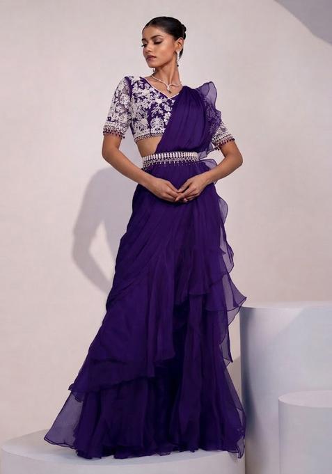 Violet Embroidered Handwork Pre Draped Saree Set