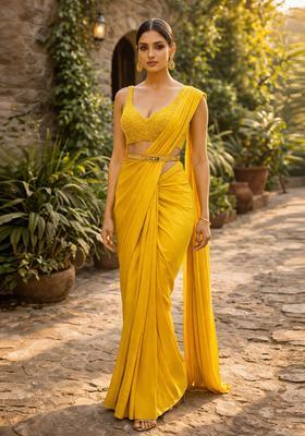 Bright Yellow Embellished Pre Draped Saree Set