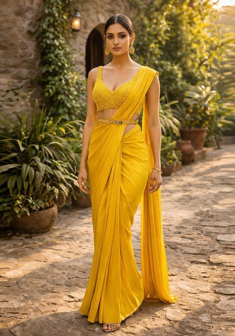 Bright Yellow Embellished Pre Draped Saree Set