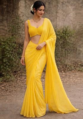 Bright Yellow Embellished Pre Draped Saree Set