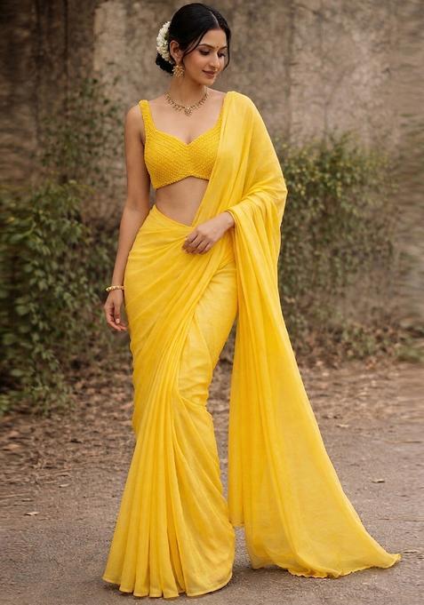 Bright Yellow Embellished Pre Draped Saree Set