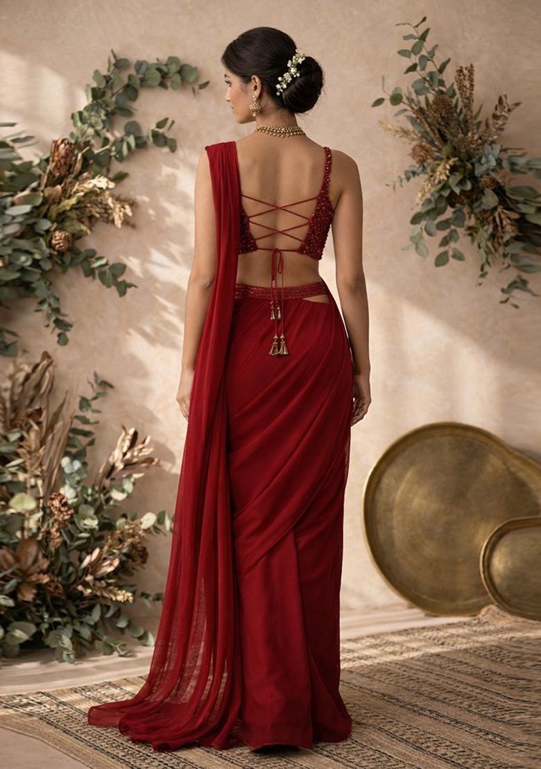 Maroon Embellished Pre Draped Saree Set - Indya