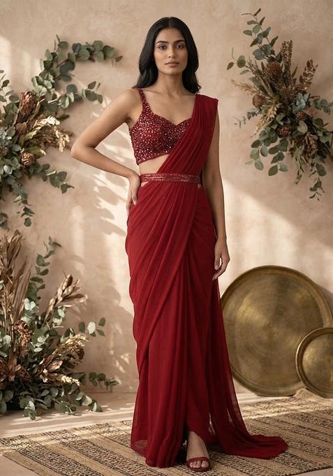 Maroon Embellished Pre Draped Saree Set