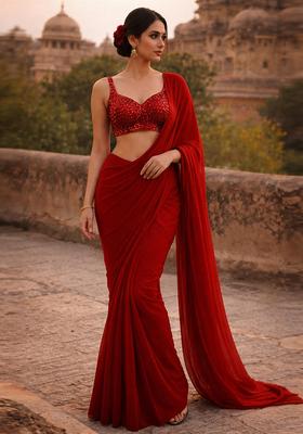 Crimson Red Embellished Pre Draped Saree Set