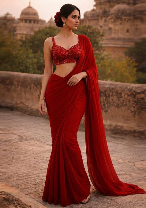 Crimson Red Embellished Pre Draped Saree Set