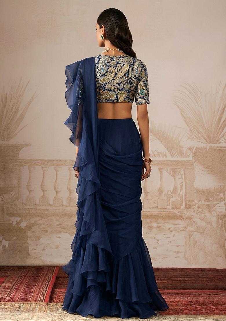 Blue Embroidery Crepe Pre Draped Saree Set - Indya
