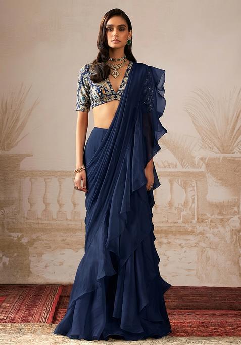 Blue Embroidery Crepe Pre Draped Saree Set