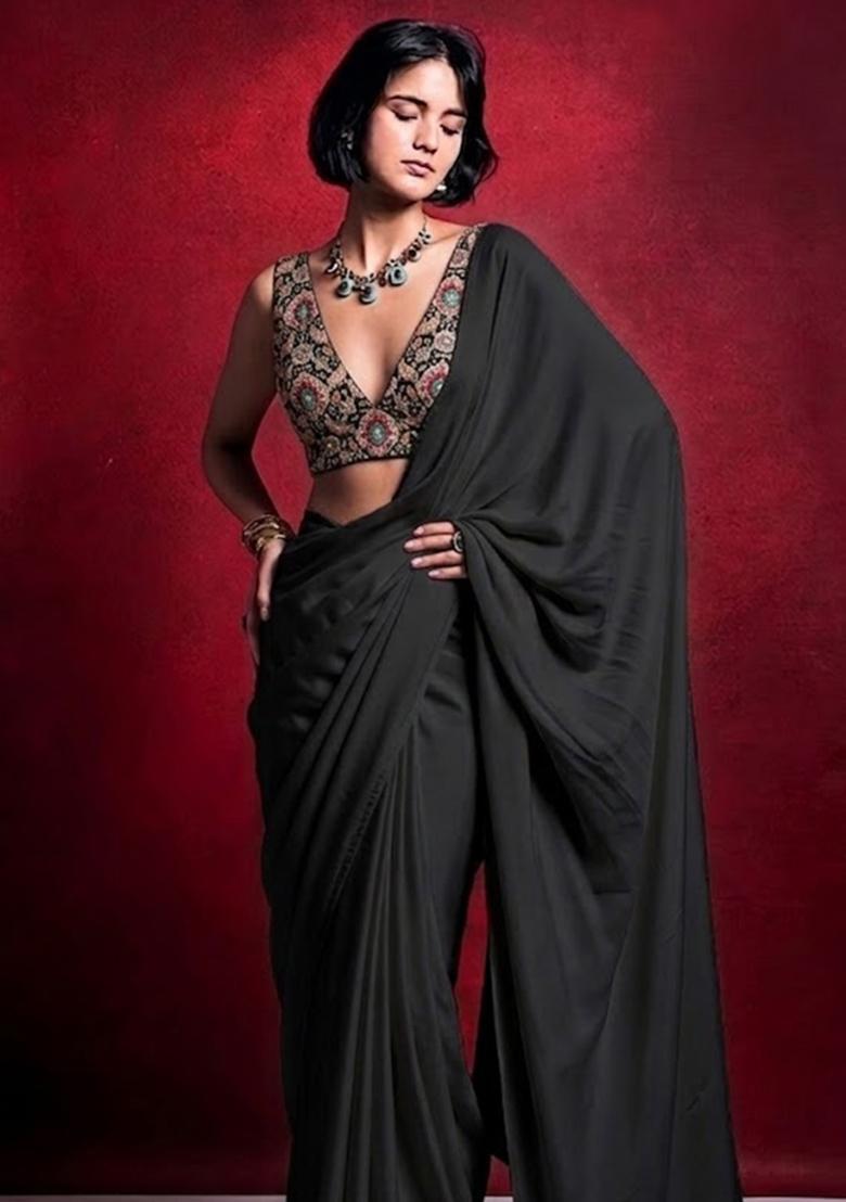 Jet Black Embroidered Crepe Pre Draped Saree Set - Indya