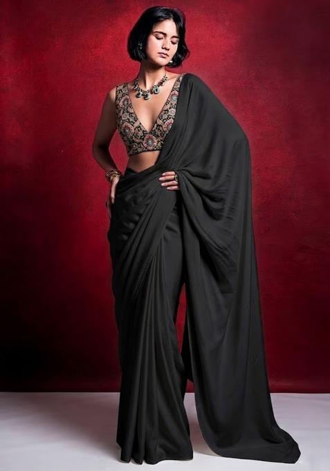 Jet Black Embroidered Crepe Pre Draped Saree Set