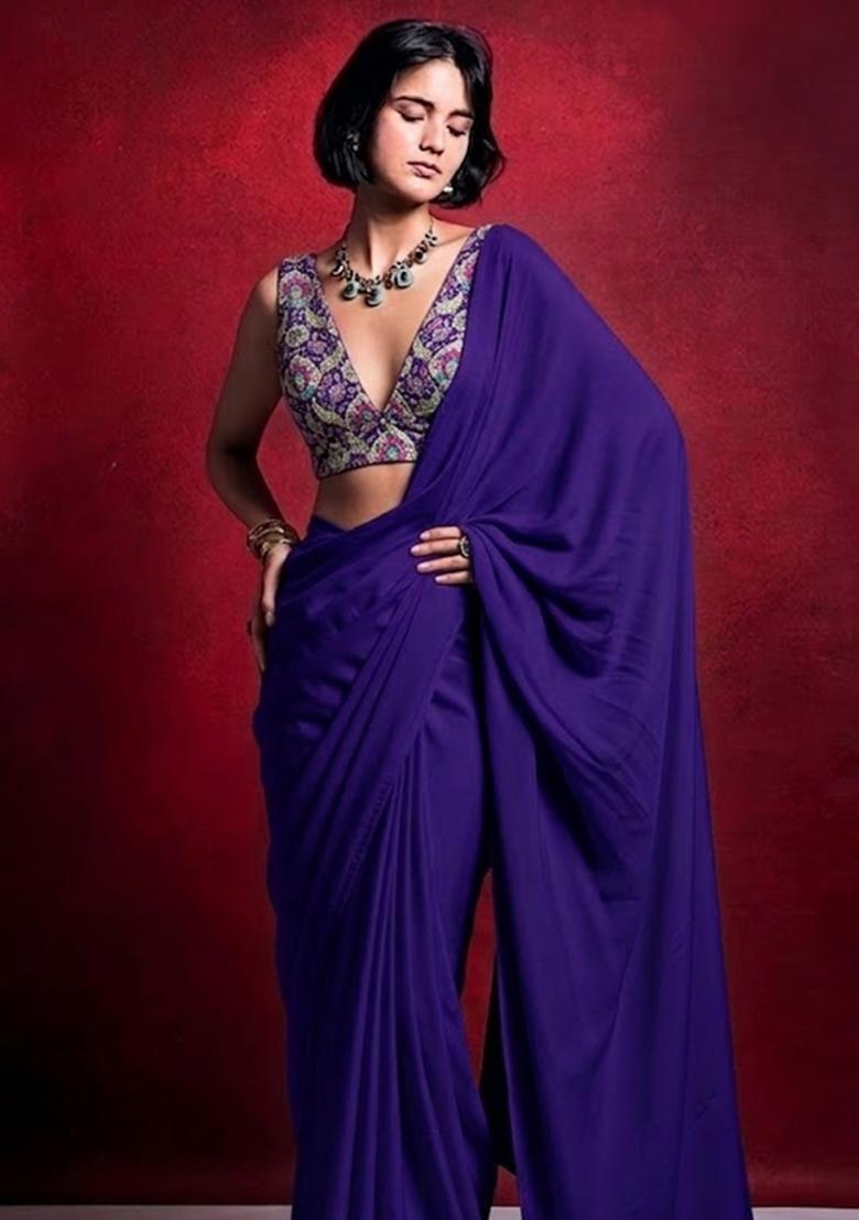 Purple Embroidered Crepe Pre Draped Saree Set - Indya