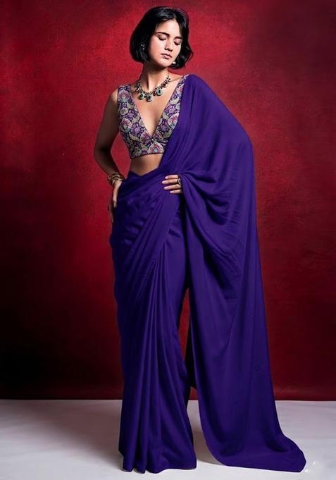 Purple Embroidered Crepe Pre Draped Saree Set