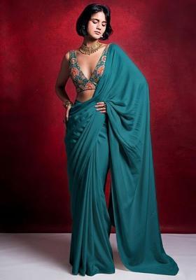 Blue Embroidered Crepe Pre Draped Saree Set