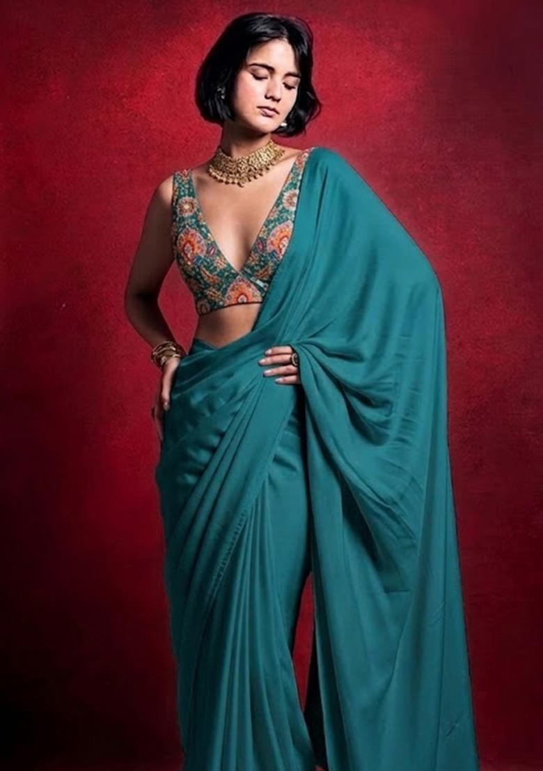 Blue Embroidered Crepe Pre Draped Saree Set - Indya
