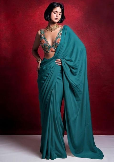 Blue Embroidered Crepe Pre Draped Saree Set