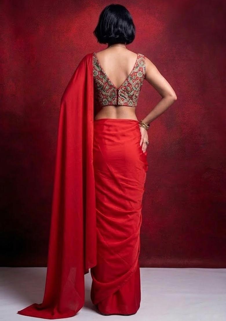 Red Embroidered Crepe Pre Draped Saree Set - Indya