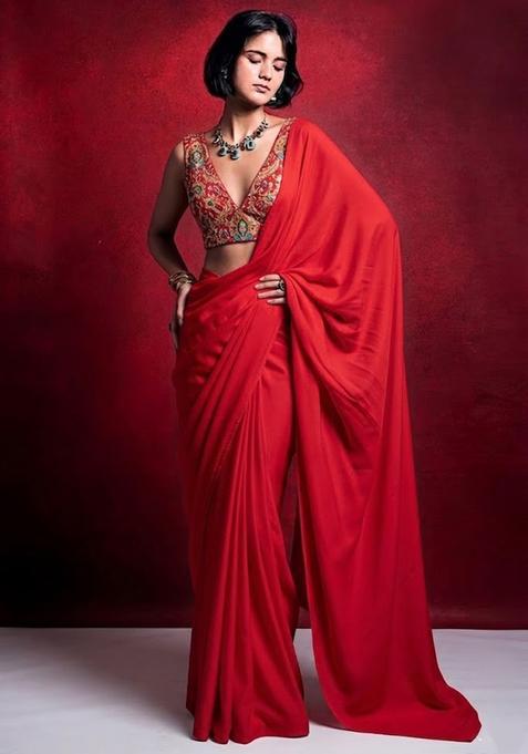 Red Embroidered Crepe Pre Draped Saree Set